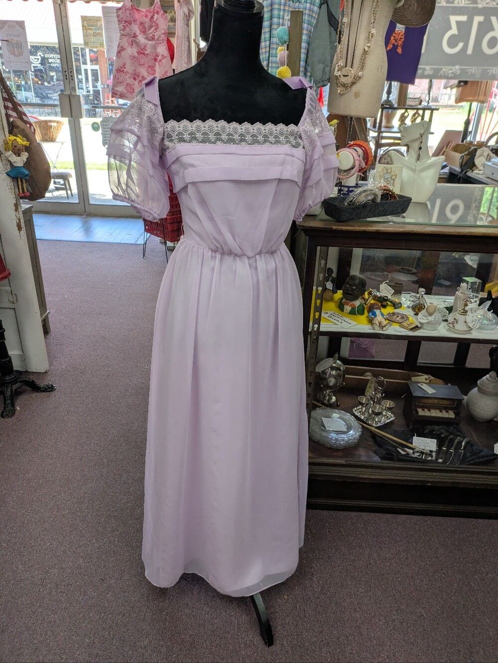 1970s Vintage Lavender Off-Shoulder Maxi Dress with Lace Trim